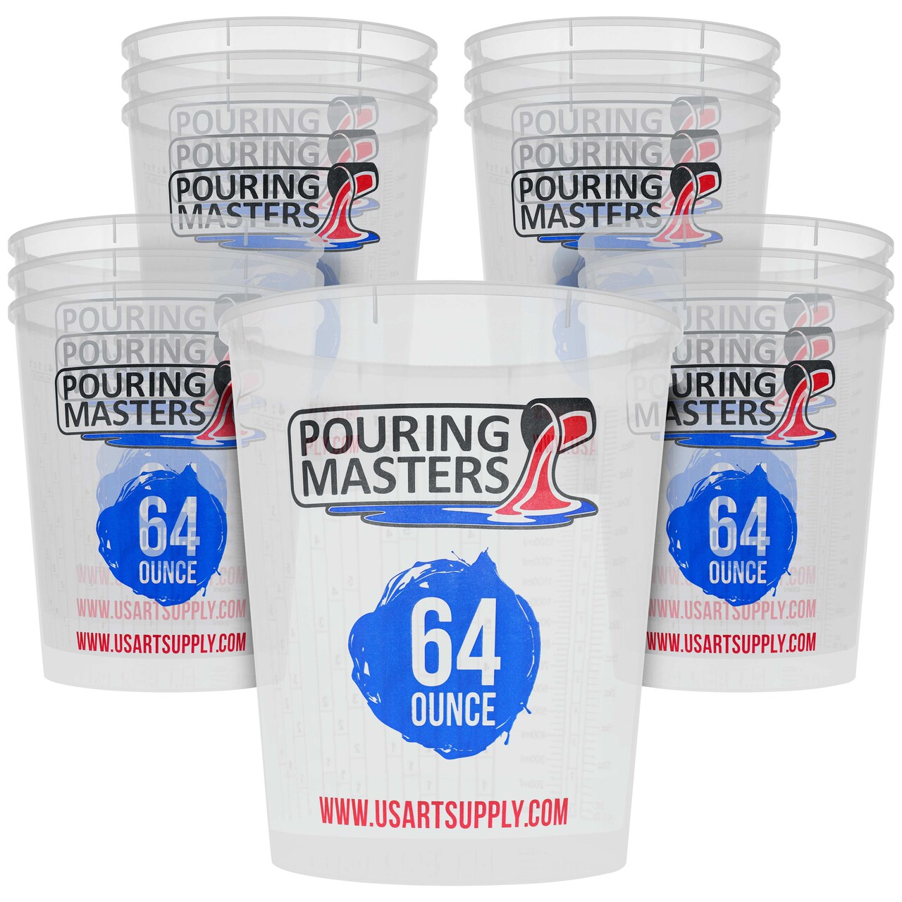Pouring Masters 64 Ounce (2000ml) Graduated Plastic Mixing Cups (Box of 12) - Paint Mixing Cups for Epoxy Resin, Art, Kitchen, Baking - Measurements in OZ and ML, 4 Different Measuring Ratios 1:1